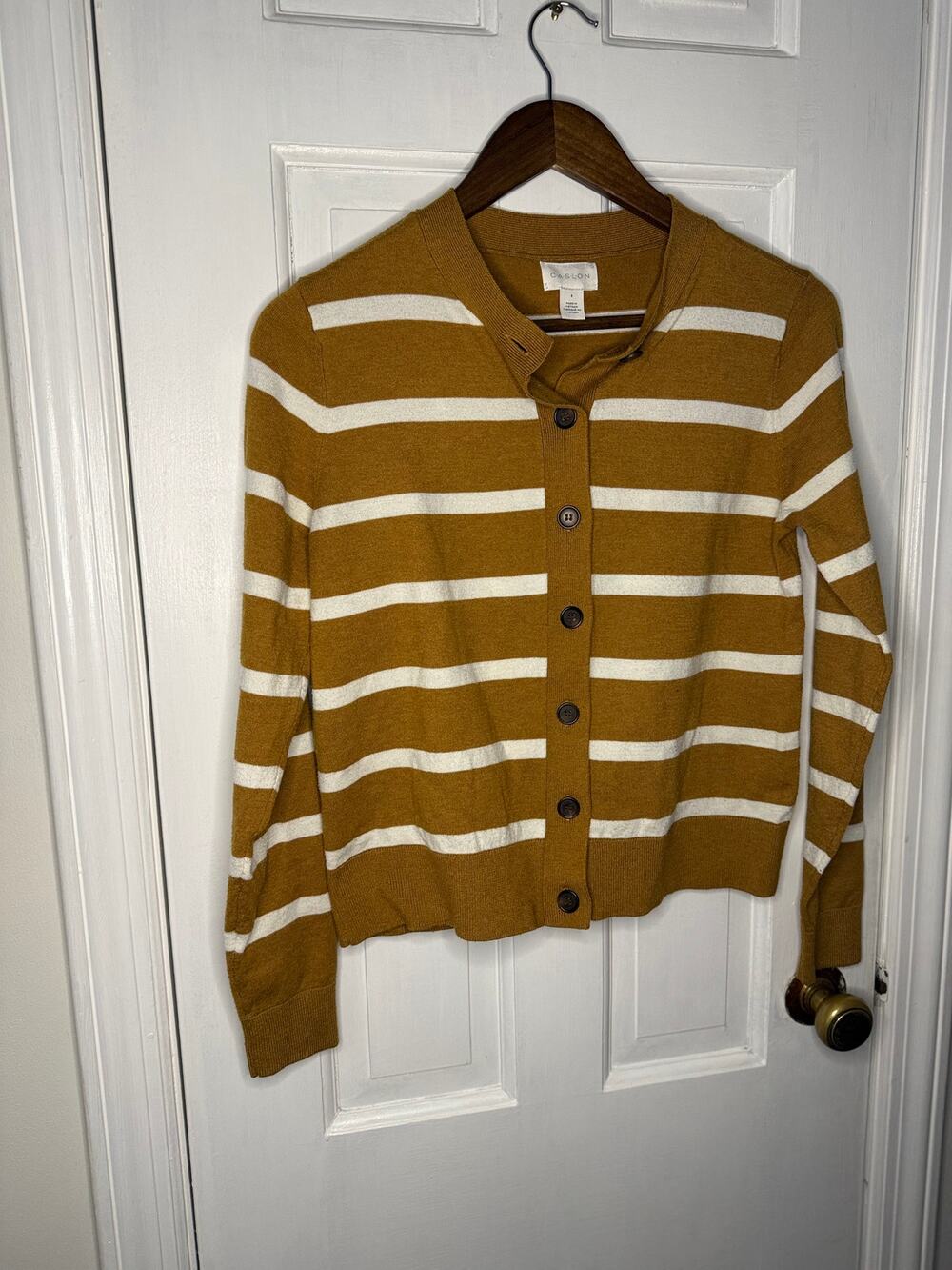 Calson Classic Crewneck Cardigan In Brown Gold Renee Stripe Size Small